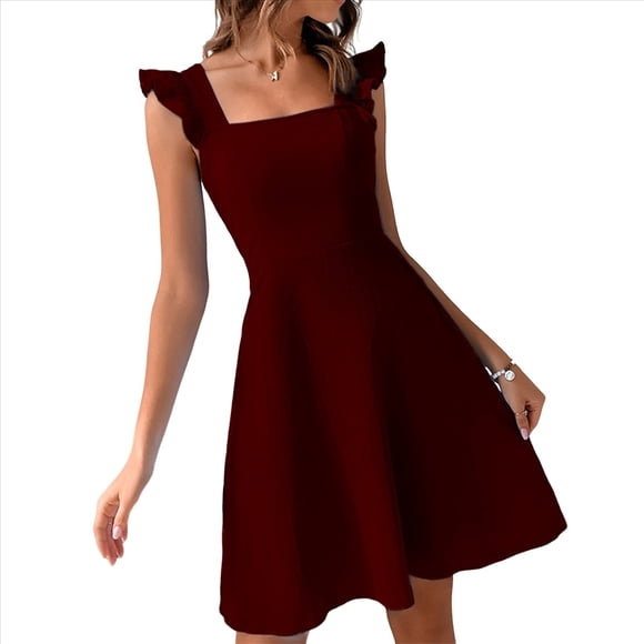 Vestido Corto con Lazo y Espalda Descubierta para Mujer, Modelos de Verano, Vestidos Halter, Vestidos de Fiesta Vino Tinto M
