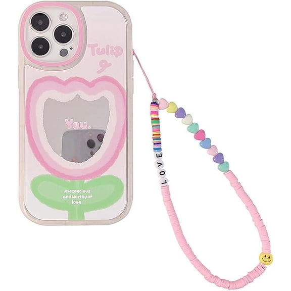 Designed for iPhone Case,Cute Flower Pattern with Make Up Mirror Camera Lens Protection Shockproof Protective Cover Phone Case (iPhone 13,Pink)