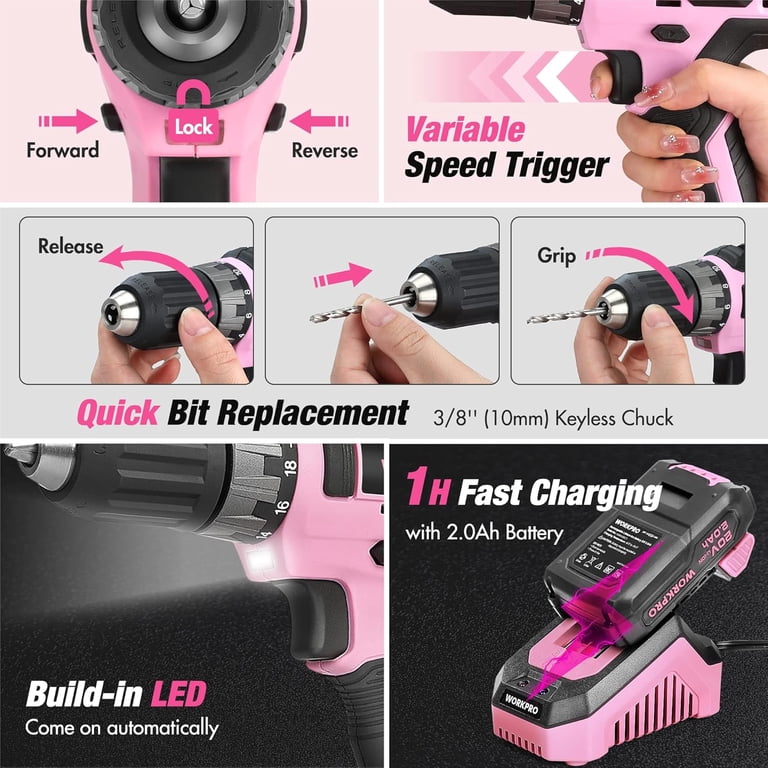 WORKPRO Pink Household Tool Kit with Drill, 157PCS Tool Set with
