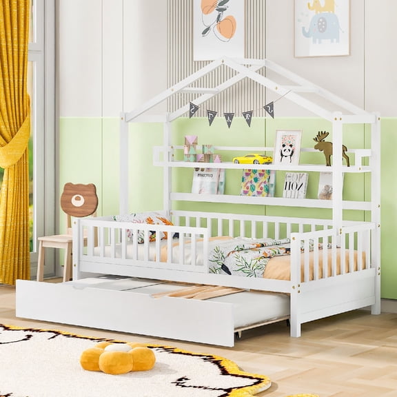 Twin Size House Bed Frame with Trundle, Modern Design Wooden Beds Frame with Storage Shelf for Bedroom, Apartment, Guest Room, No Box Spring Required, Mattress Not Included, White