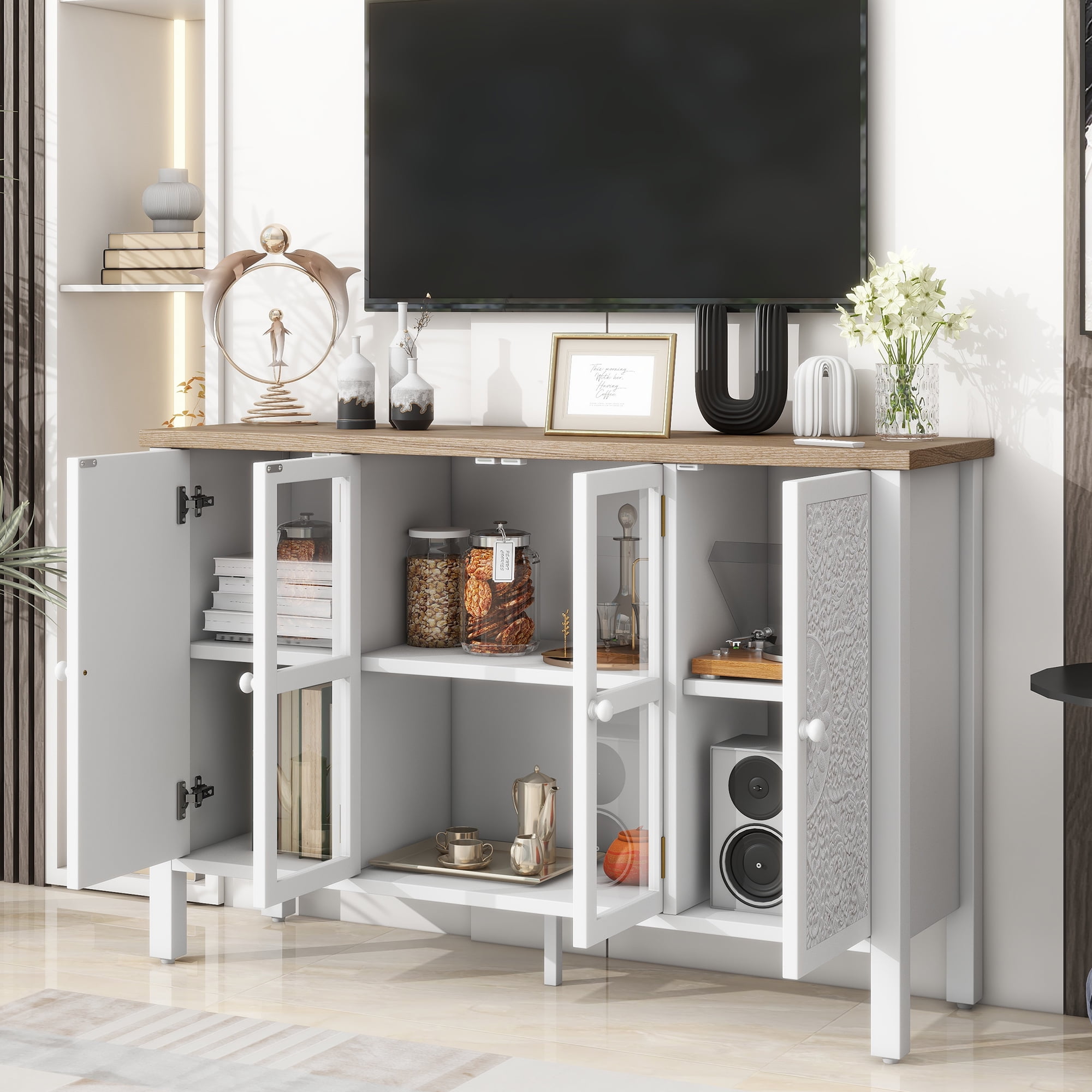 Euroco 47.2'' Retro TV Stand for TVs up to 43 Inches, Entertainment Center Media Console Cabinet with 3 Spacious Cabinets, Glass Cabinet Doors and Anti-tip Device for Living room