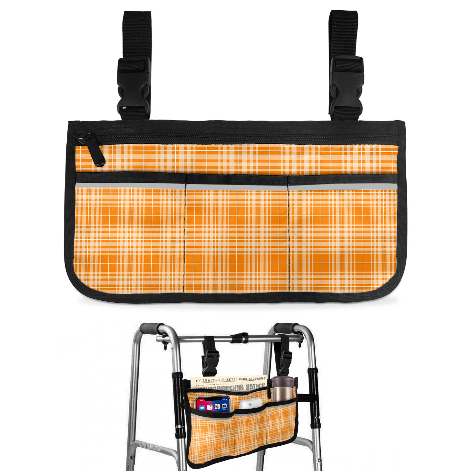 Plaid Wheelchair Side Bag with Cup Holder, Rustic Minimalist Gingham Amber Orange Check Wheelchair Armrest Bag Storage Pouch Adults, Seniors for Walkers, Rollator, Scooter