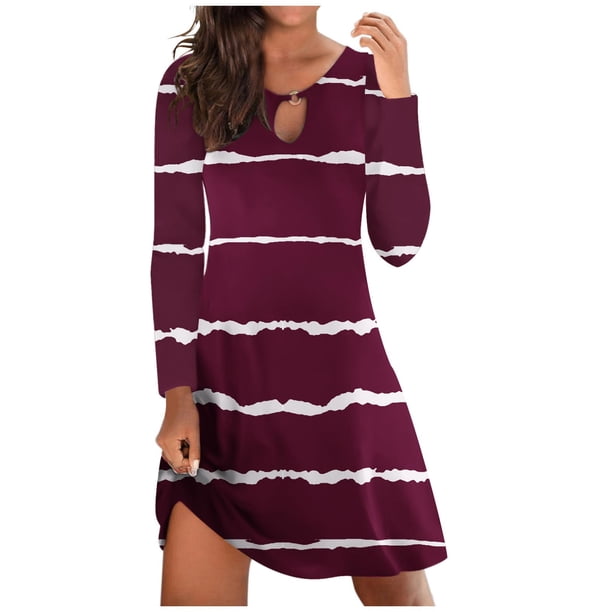 ICHUANYI Clearance Fashion Women Casual Loose Round Neck Long Sleeve Comfy Printing Dresses(Wine, XXL) ICHUANYI WER2023081206293