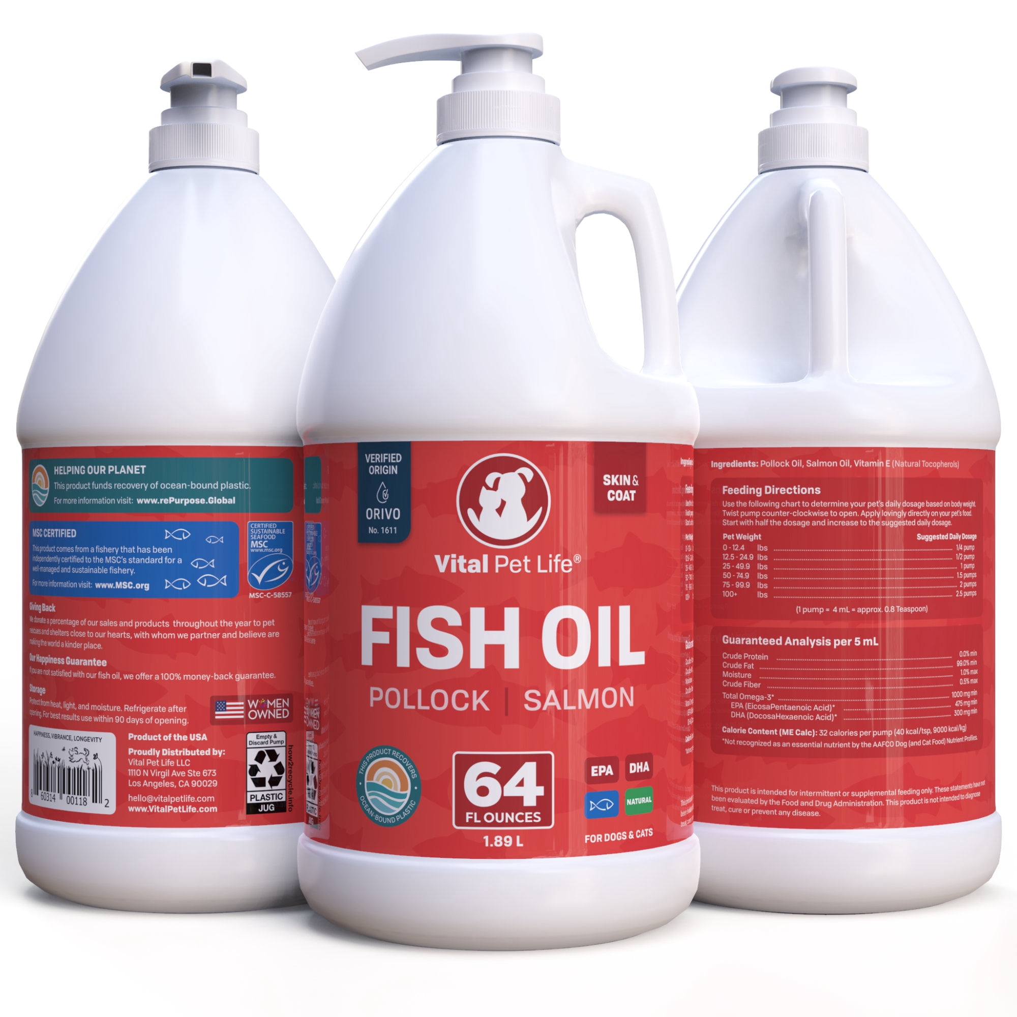 Vital Pet Life Fish Oil for Dogs & Cats for Skin, Coat & Joint Support, Omega 3 Salmon & Pollock Oil, 64 oz