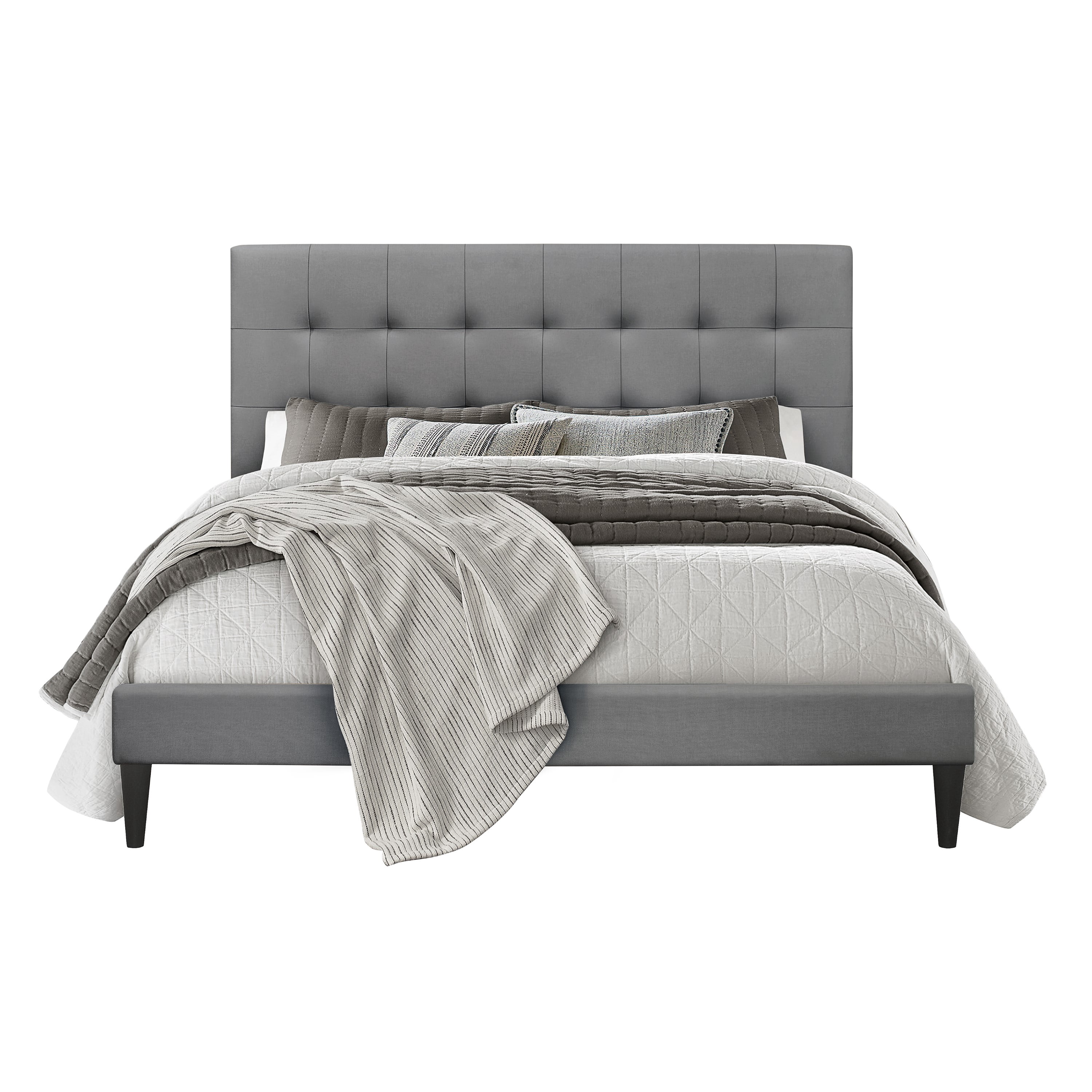 Home Design Evanston Twin Tufted Upholstered Platform Bed with Slatted Wood and Foam-Padded Headboard, Gray, Easy Assembly