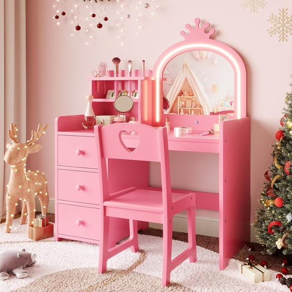 Kids Vanity Table and Chair Set, Girls Vanity Set with Stool, Mirror, Makeup Dressing Princess Table with Drawer for Little Girls,Pink