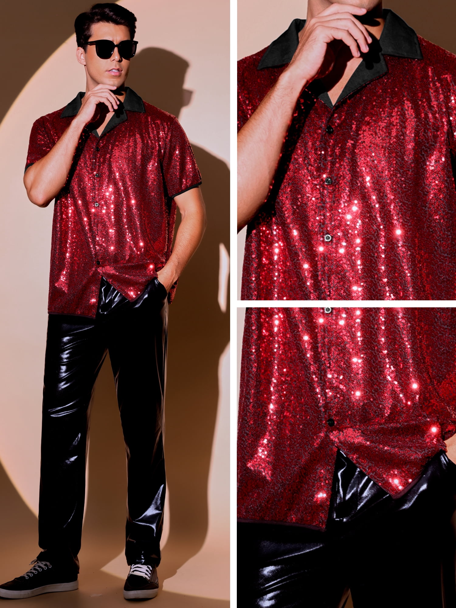 DARING DIVA Men's Sequins Camp Collar Short Sleeve Button Down Shiny Shirt 2XL Red