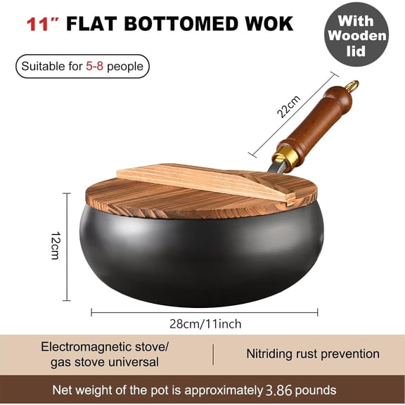 Carbon Steel Wok Pan, 11" Woks & Stir-Fry Pans with wooden Lid Cookwares, Nonstick Wok Flat Bottom Small Handmade Chinese Wok For for All Stoves