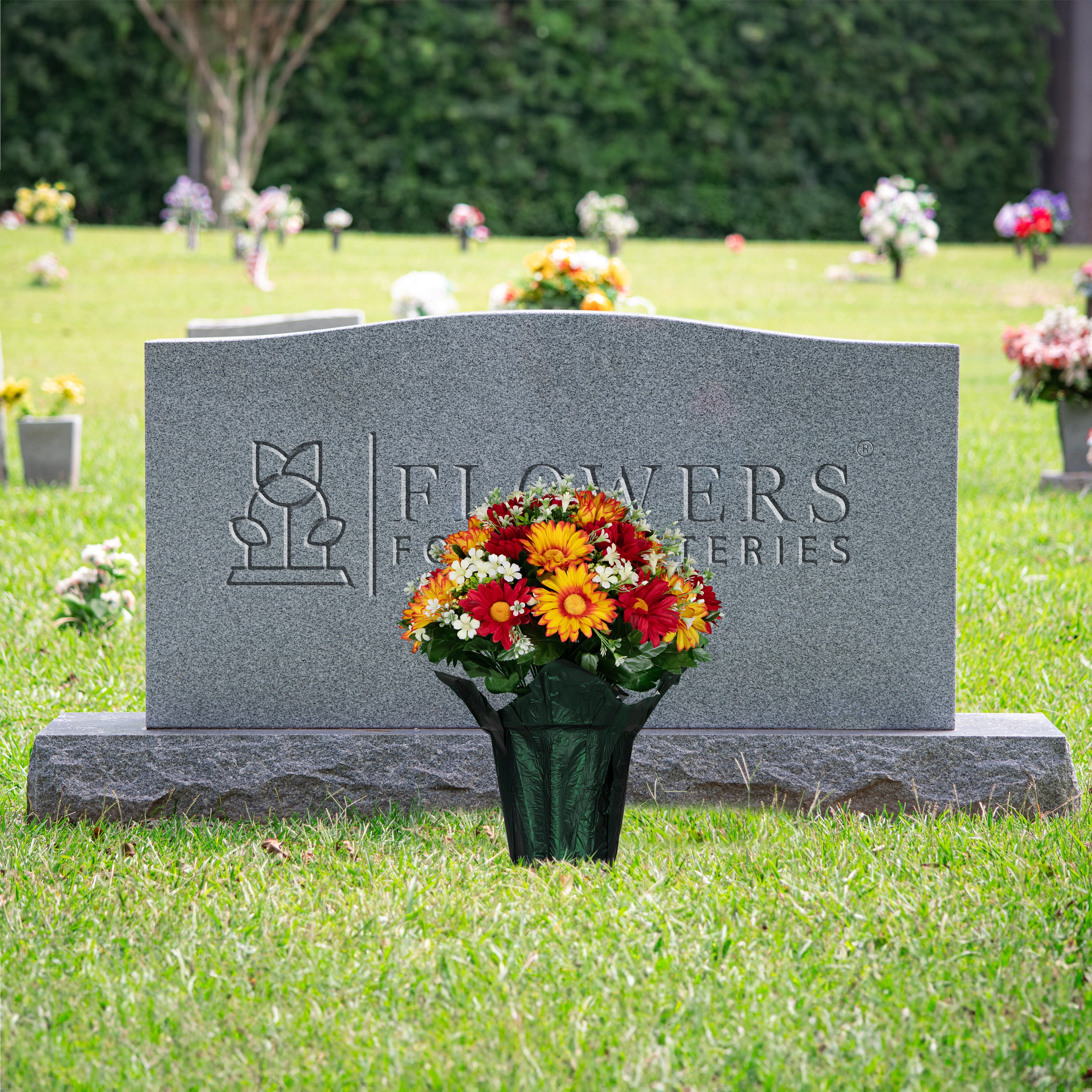 Sympathy Silks Artificial Flowers Red and Orange Daisies Weighted Flower Pot