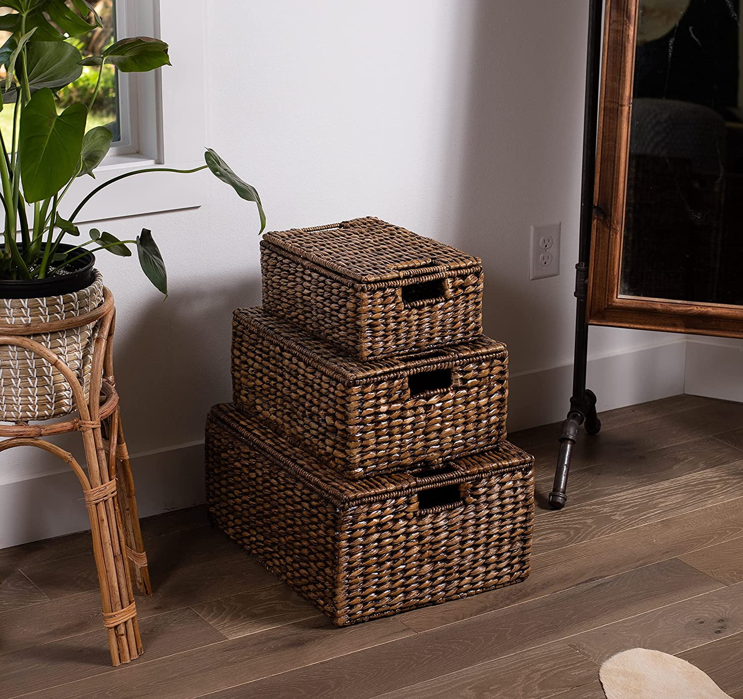 Birdrock Home Storage Shelf Baskets with Handles - Set of 3 - Abaca Seagrass Wi