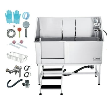 KFFKFF 62" Pet Bathing Station, Professional Stainless Steel Pet Grooming Tub, 440lbs Load Capacity Dog Washing Station Pet Grooming Tub for Home with Sliding Door, Faucet, Left Steps
