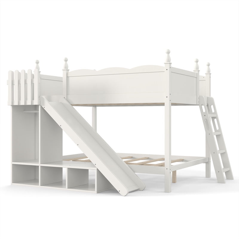 Full Over Full Bunk Bed with Slide and Ladder, Solid Wood Kids Bunk Bed with Storage Shelves and Hanging Rod, Low Profile Design, Full-Length Guardrails