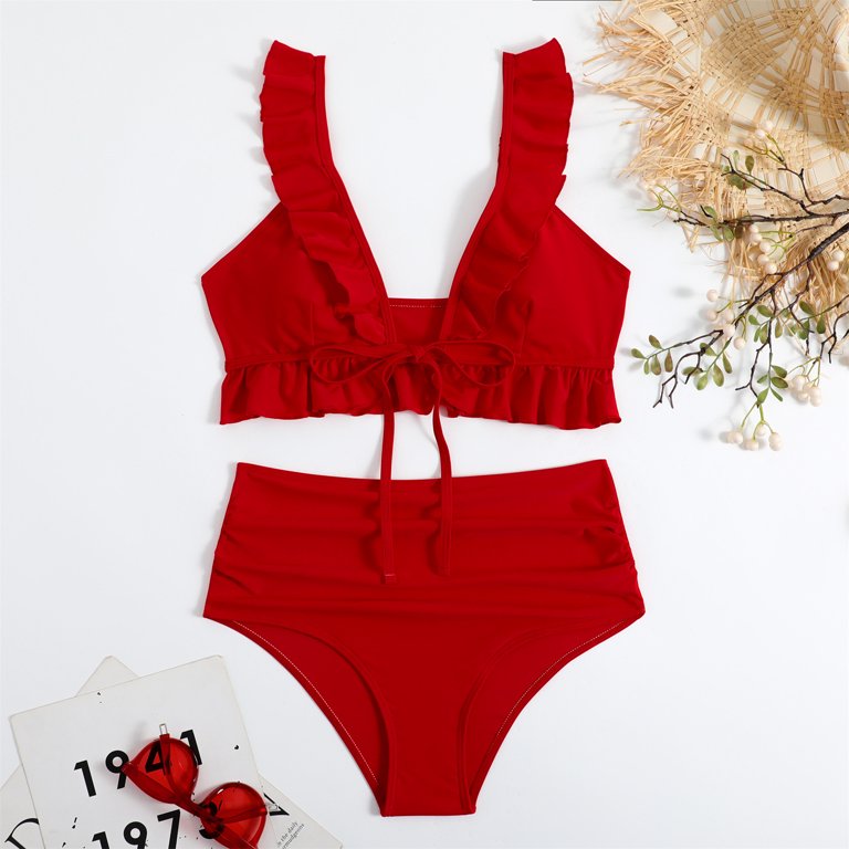 Bigersell Strappy Bikini Sets For Women Fashion Women Solid Swimwear Ruffle  Bikini Split Swimsuit Tall Female Bikini Set, Style 12516, Red XL 