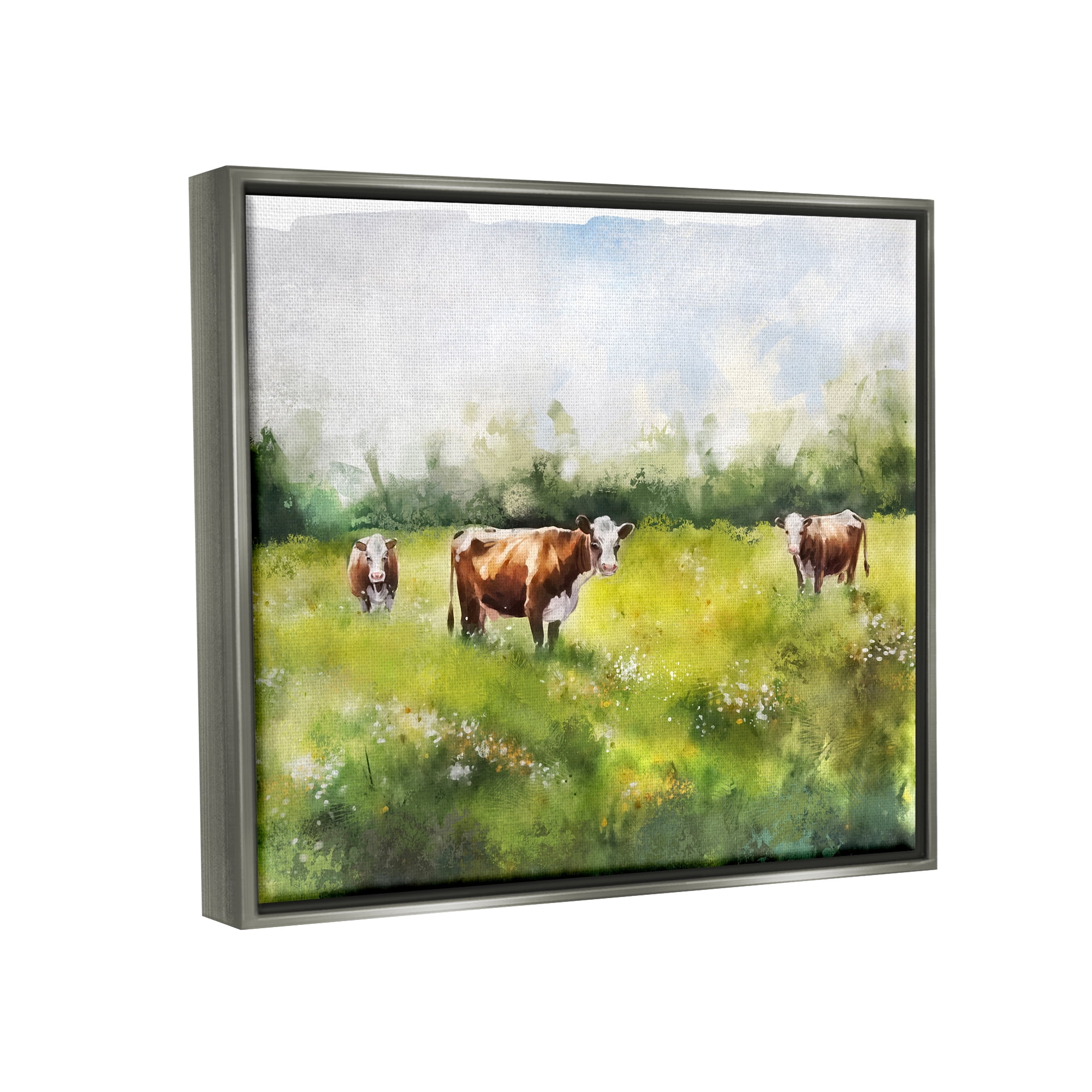 Stupell Industries Cows in Pasture Watercolor Animals & Insects Painting Gray Floater Framed Canvas Art Print Wall Art, 21 x 17