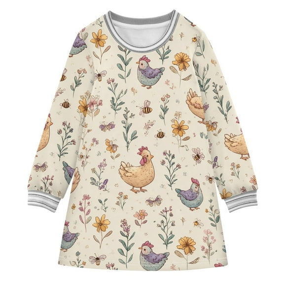 Girls' long-sleeved dress Cartoon Chicken Girls' A-line dress with ribbed cuffs Soft and comfortable