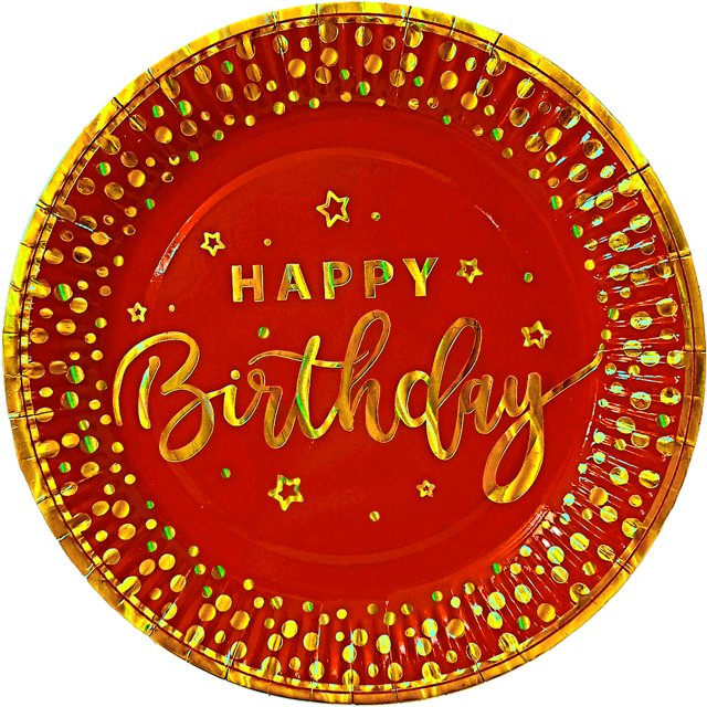 24 Pz Plato Cartón Premium Pastelero Happy Birthday Hb Rojo Confeti Oro