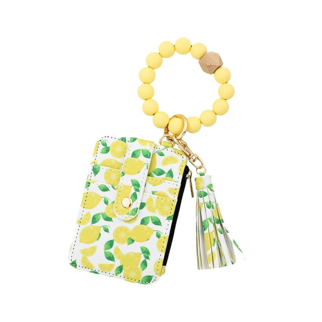 Tarjetero, billetera de pulsera, monedero, monedero de bolsillo para mujer, monedero, llavero con borla de cuentas amarillas, llavero tipo brazalete, llavero con pulsera, billetera con broche, limón d