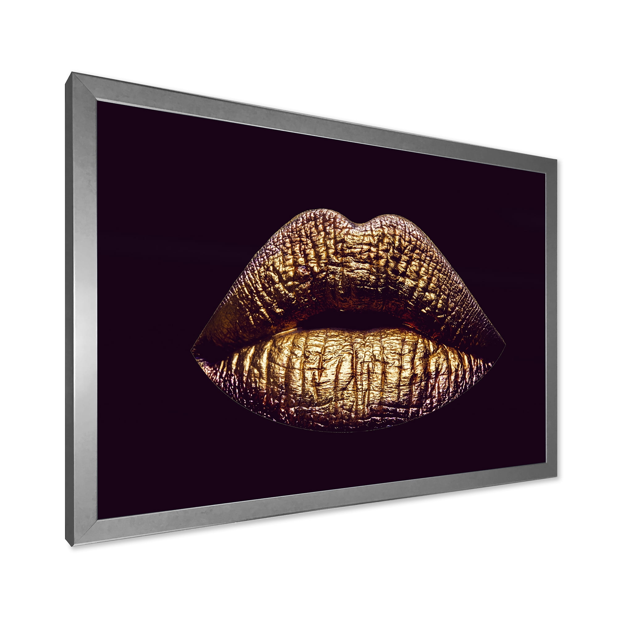 Designart 'Sexy Golden Metallized Woman Lips II' Modern Framed Art Print