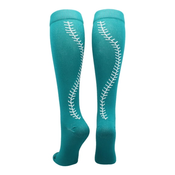 Softball Socks with Stitches Over the Calf (Teal/White, Medium)