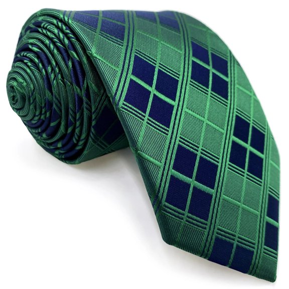 Neckties for Men Green Navy Checkered Satin Tie Classic Size 57.5"×3.15"