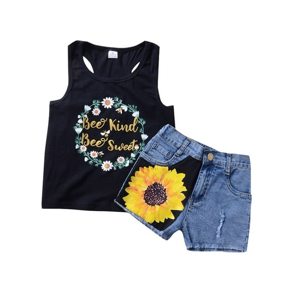Baby Clothes Girl Athletic Girls Wear Toddler Kids Baby Girl Sunflower Outfits Sleeveless Tank Top Denim Shorts Summer Clothes