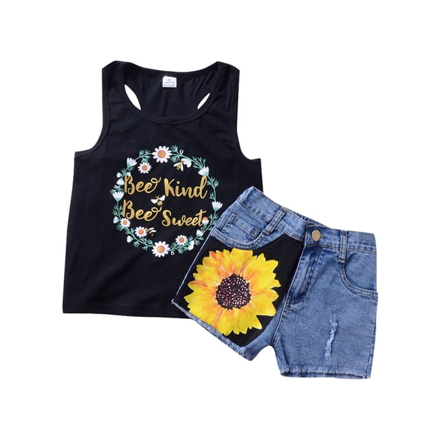Sunnyoo Toddler Girls Summer Outfits Sunflower Print Racerback Tank Top Denim Shorts Set