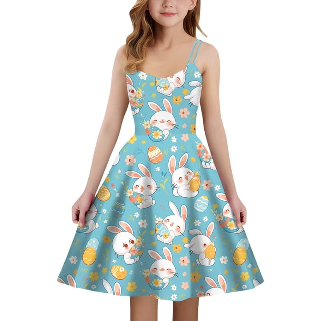 FYDUU Robes Filles Imprimé Lapin de Pâques Sans Manches Décontractée Robe d'Été pour Fille Bretelles Spaghetti Robes Vacances Été Robe Fluide Enfants Robes Vacances