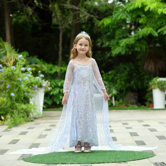 HAWEE Costume de Princesse pour Filles à Manches Longues Neige Elsa 2 Robe de Fête à Paillettes avec Cape