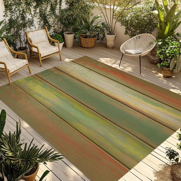 Sage Green Brown Outdoor Rug for Patio/Deck/Porch, Non-Slip Large Area Rug 5 x 7 Ft, Country Vintage Ombre Wooden Grain Indoor Outdoor Rugs Washable Area Rugs, Reversible Camping Rug Carpet Runner
