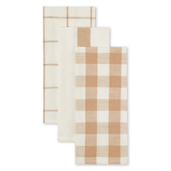 Paq. de 3 serviettes de cuisine FRAÎCHE collection printanière en guingan taupe
