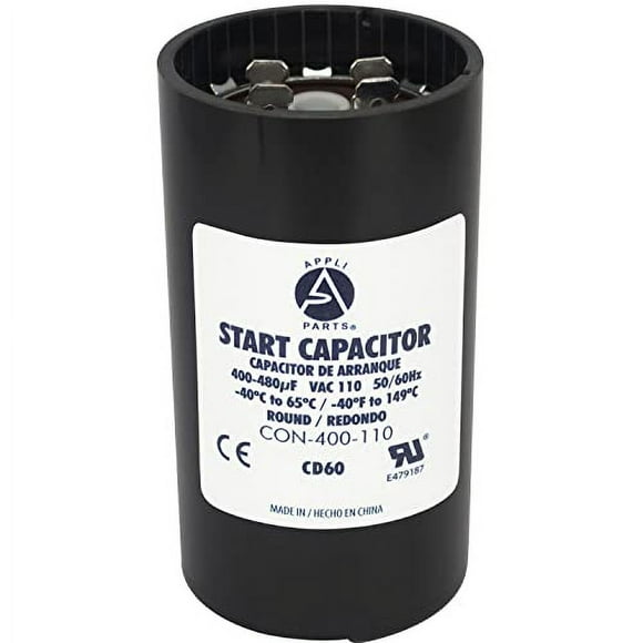 Appli Parts Motor Start Capacitor 400-480 Mfd (Microfarads) Uf 110-125 Vac Universal Fit For Electric Motor Applications 1-3/4 In Wide 3-3/8 In Height Con-400-110