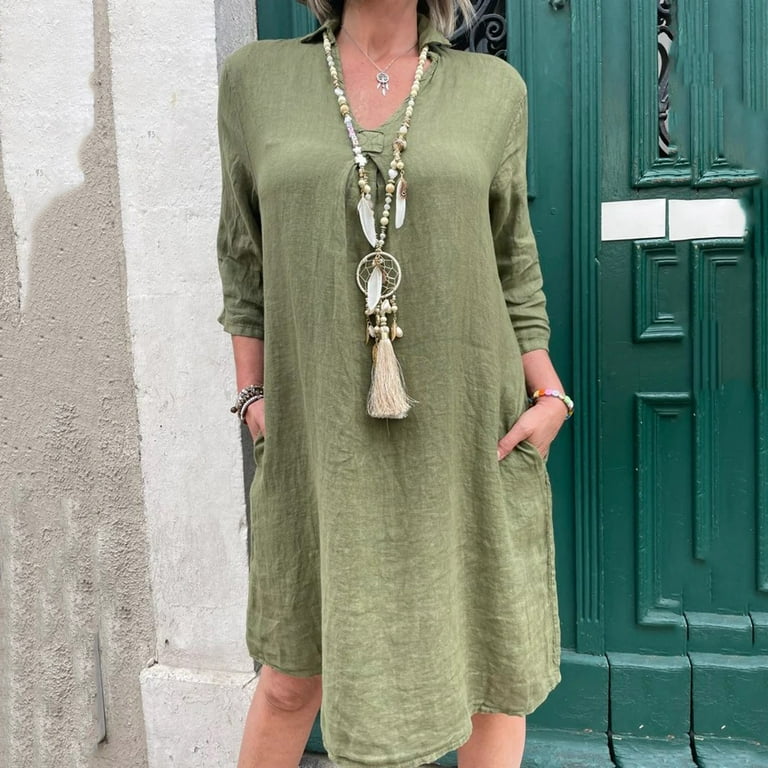 cute dresses xl Llywey s Cute Dresses for Women Fashion Casual V-Neck Mid-Length 3/4 Sleeves Solid Color Dress New Fall Dresses Green-1 Xl, Women's