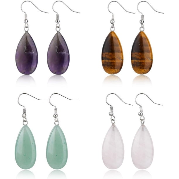 4 pares de pendientes de piedra natural, pendientes de lágrima con piedras preciosas, pendientes colgantes multicolores, pendientes de cuarzo rosa, amatista, aventurina verde, ojo de tigre, joyería