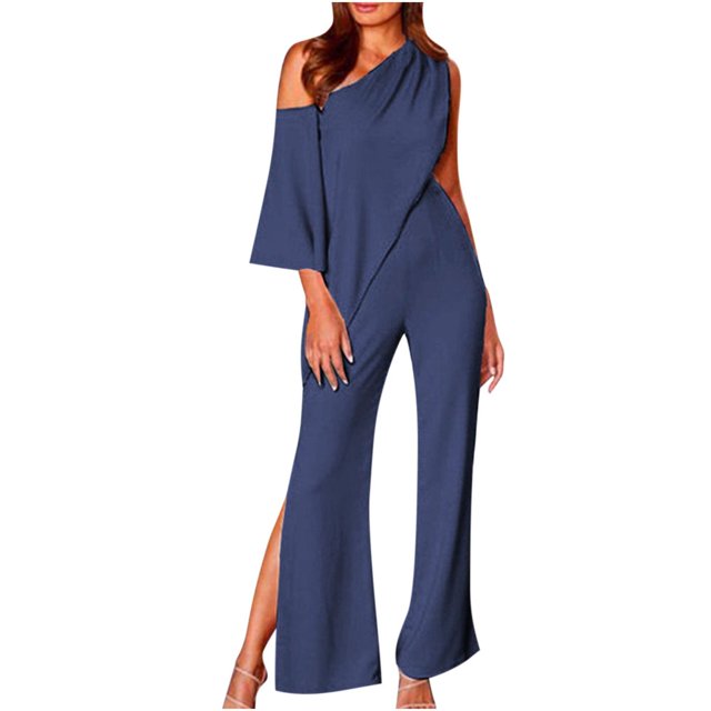 JUNWELL Womens One Shoulder Elegant Jumpsuits 3/4 Sleeve Solid Color High Waisted Side Split Wide Leg Rompers Jumpsuits