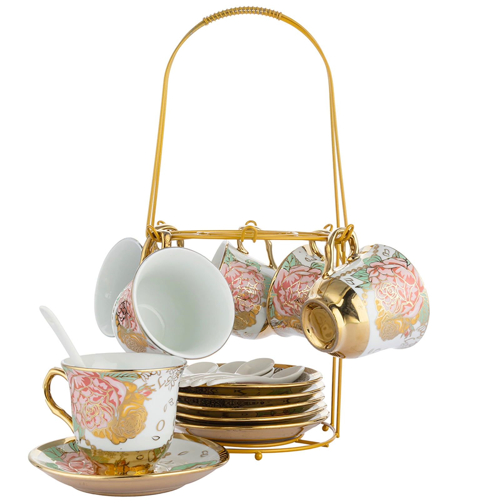 20 Pcs Cup Set,Ceramics Vintage Tea Cup Set Coffee Set with Metal Holder,  Porcelain Tea Set for Adult, Flower Tea Cup Set(Gold)