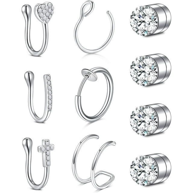 GHSDFBB VCMART Fake Nose Ring Fake Septum Fake Nose Ring Stainless Steel Fake Nose Ring Hoop Stud Fake Nose Rings for Women Fake Nose Ring Piercing Non Pierced Clip On Faux Septum Nose Rings Mag