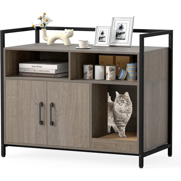 JJUN Cat Litter Box Enclosure - Cat Washroom Hidden Furniture with Front Entry, Scratcher, 2-Door Storage Cabinet, 2 Compartments, Air Vents, Metal Frame, Wooden Pet Crate House (Oak Gray)