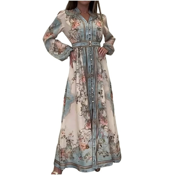 Boho Maxi Dress for Women Long Sleeve Floral Print V Neck Flowy A-Line Casual Vintage Fall Holiday Dresses