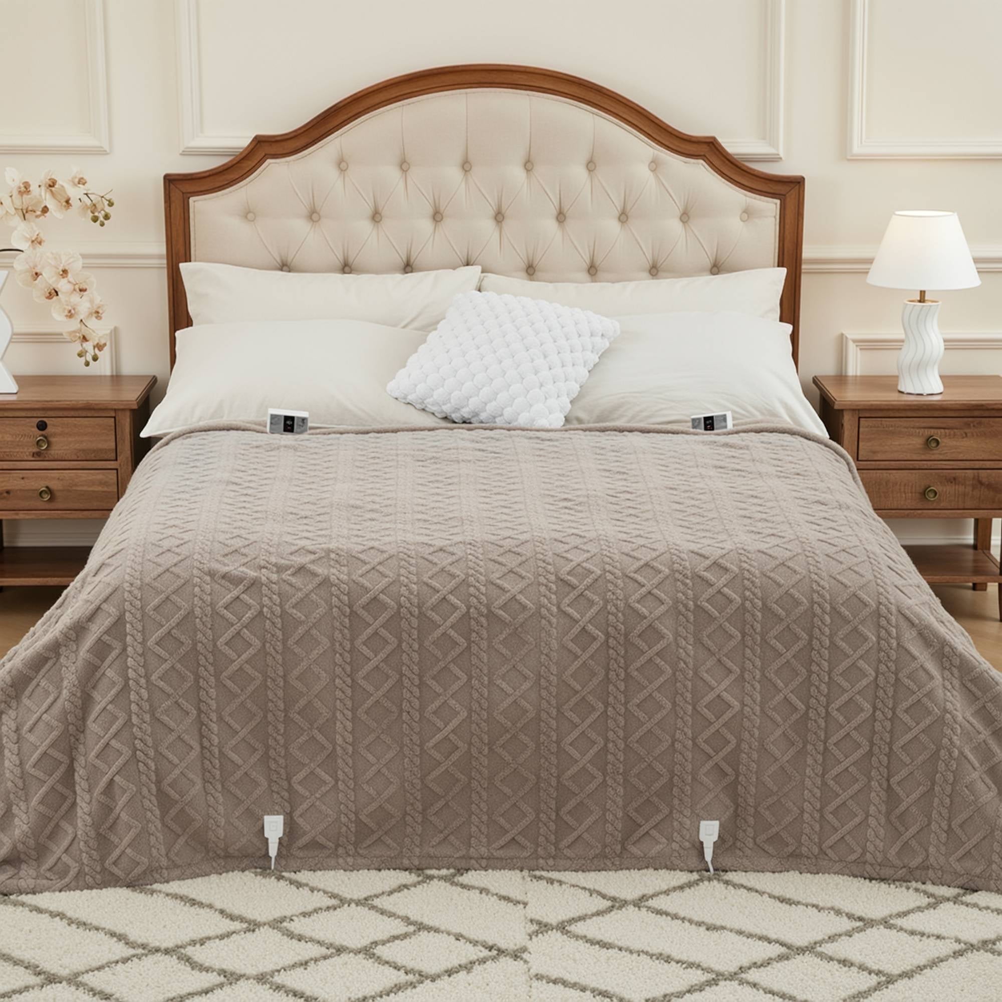 MaxKare Heated Blanket with Dual Controllers Queen Electric Blanket, 10 Heat Levels, 10H Timer, Soft Cable Knit Shu Velveteen, Linen
