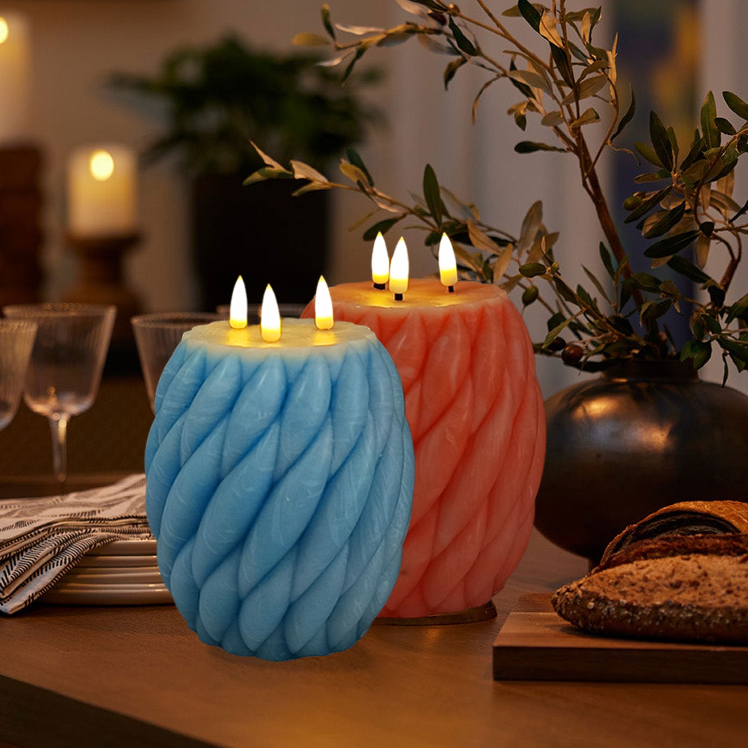 Orange Knot Ball Flickering Flameless Candles, Real Wax LED Candles with Remote and Timer, 4.8 Inch Battery Operated Spiral Pillar Candles for Room Decor Home Wedding Decoration