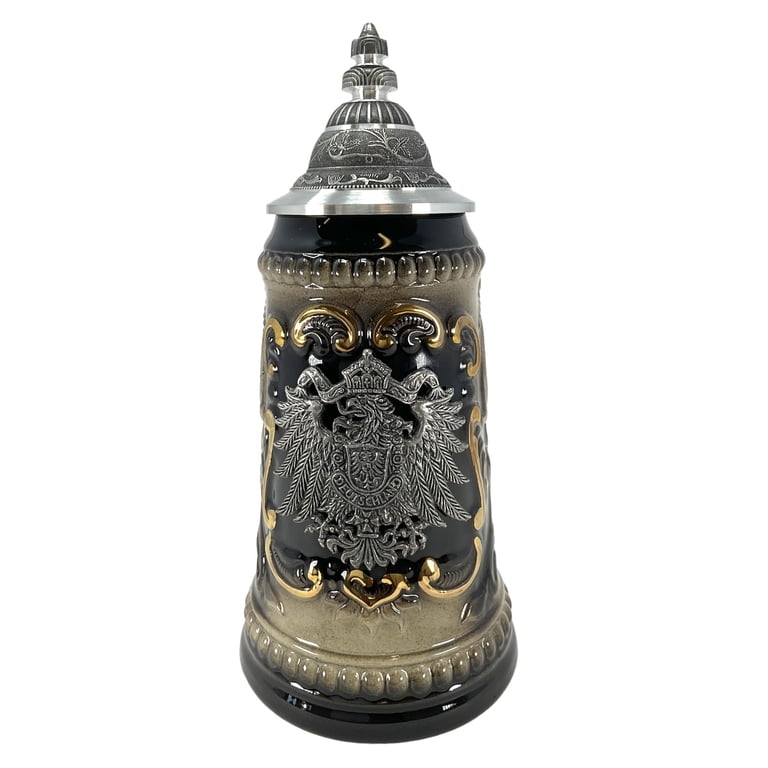 German Black Beer Stein With Pewter Eagle Crest – .25L Stoneware Mug With Lid, Handcrafted In Germany By Zoeller & Born
