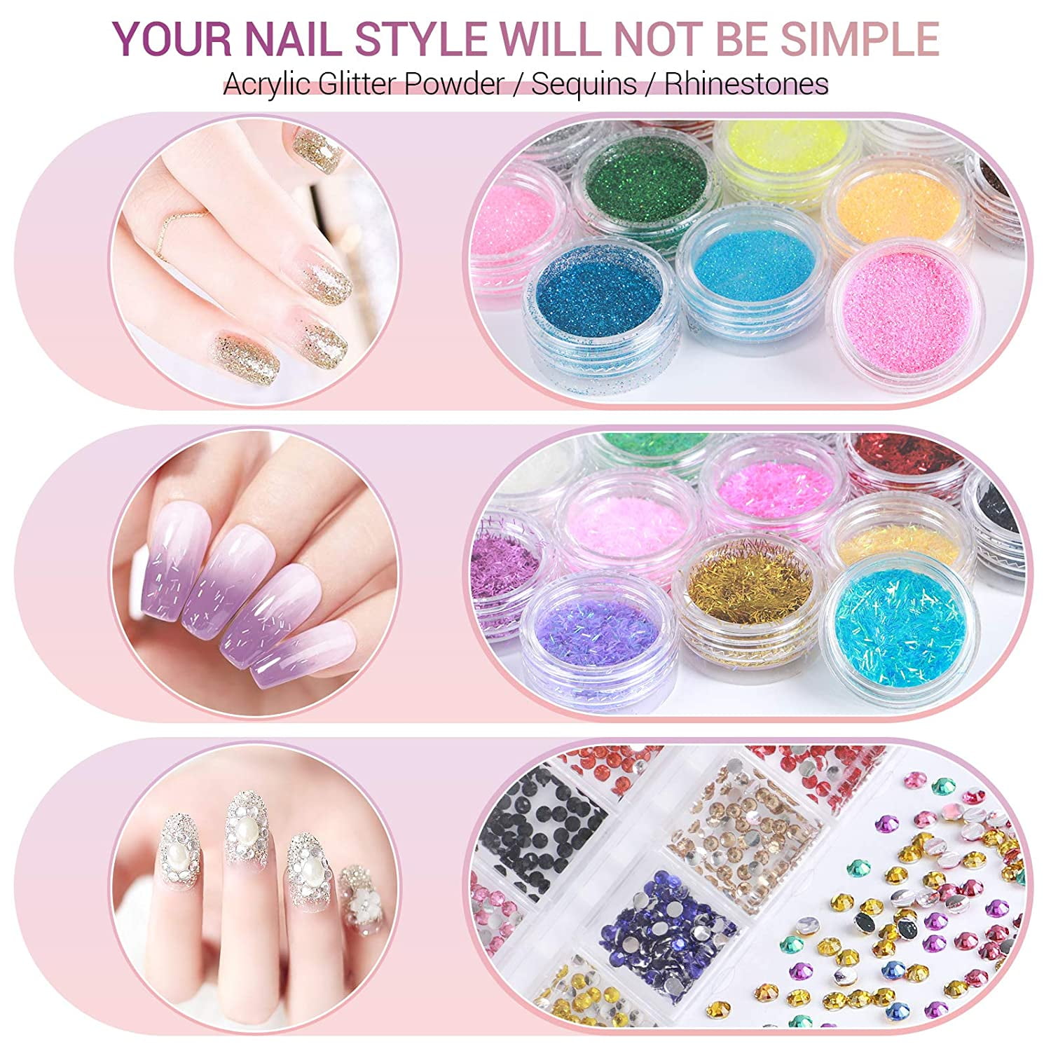 SkyAuks Acrylic Nail Art Kit Tools, Nail Design Kit with 2000pcs Nails Crystals Glitter Rhinestones, Double-End Art Dotting Pen, Nail Art Brushes, 1mm Nail