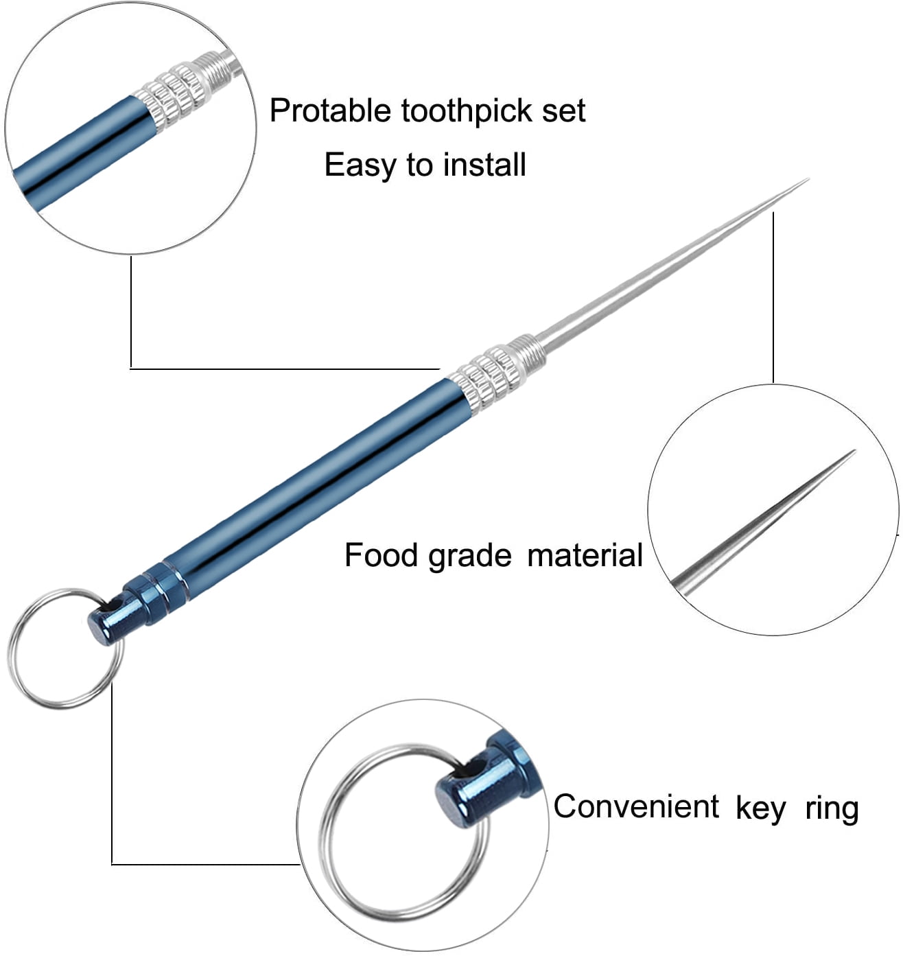3 Pieces 2 Set Metal Toothpicks Kit, Anglecai Reusable Titanium Toothpick  with Pocket Toothpick Holder Portable Stainless Steel Keychain Teeth