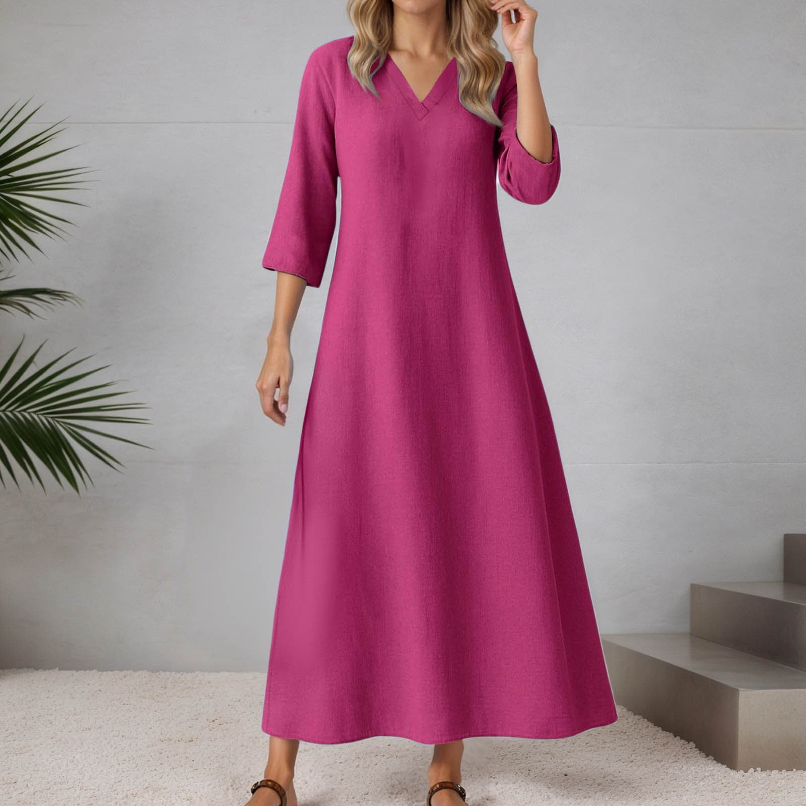 LIIPEE Women Dresses Solid Color Loose 3/4 Sleeve V Neck A-Line Midi Sundress Woman Versatile Casual Daily Party Dress,Hot Pink,Xxl