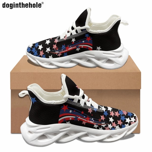 Zapatillas de deporte con estampado de bandera estadounidense y diseño artístico para mujer y hombre, zapatillas clásicas de verano para correr al aire libre, zapatos casuales con cordones