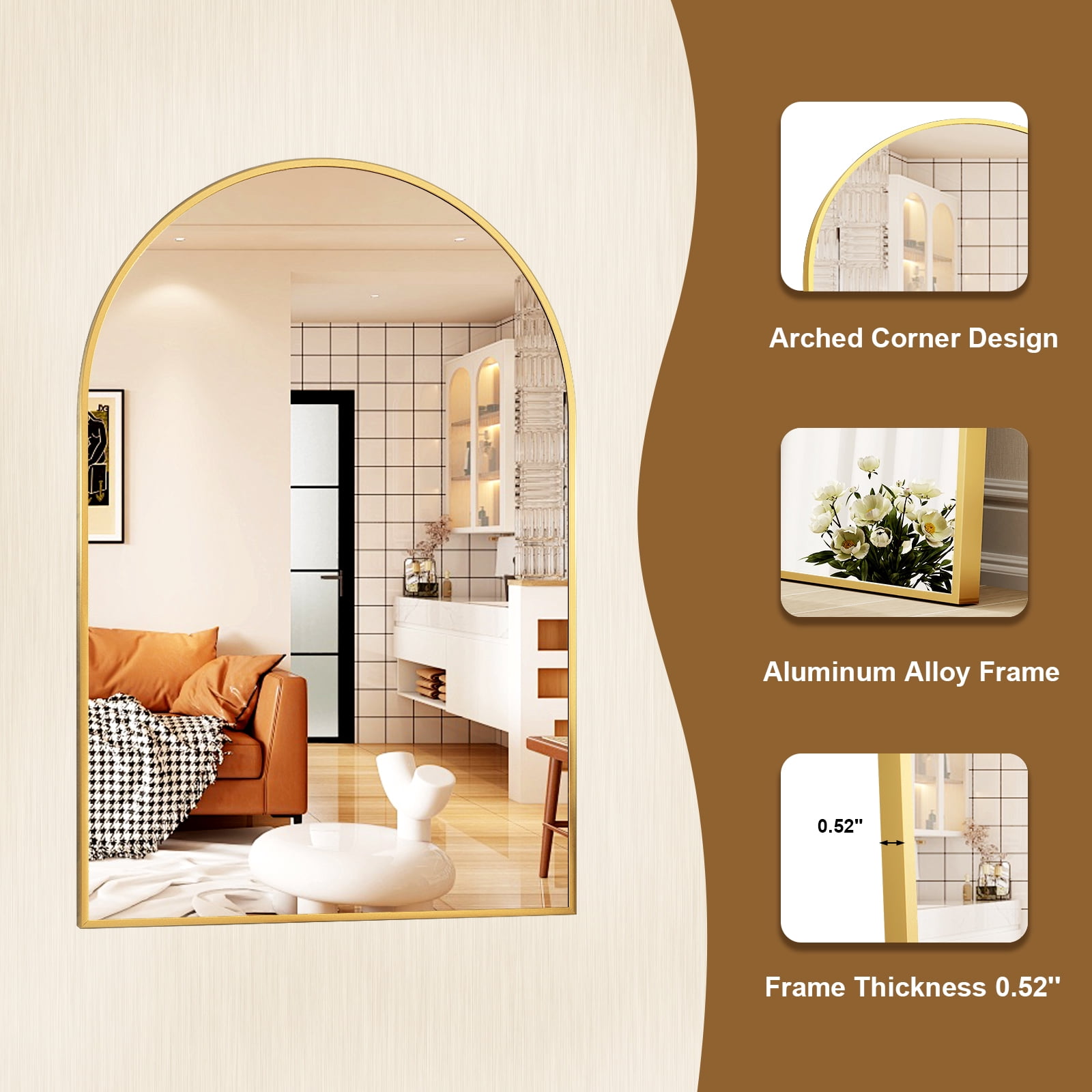 SHATTERVIEW 22"x30" Arched Bathroom Mirror Vanity Wall Mounted Mirror, Gold