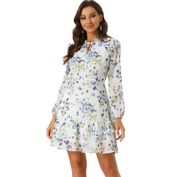 Mini vestido de chifón de manga larga semitransparente con cuello en V y cuello en V para mujer de verano 2023 Blanco XS