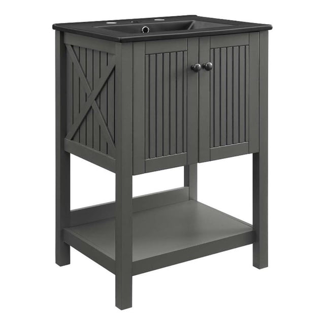 Pemberly Row 24" Modern Wood/Ceramic Bathroom Vanity in Gray/Black