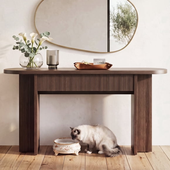 OMCMUU Table Console Contemporaine à 2 Tiroirs avec Rangement Cannelé en Panneau de Particules Robuste + MDF, Noyer