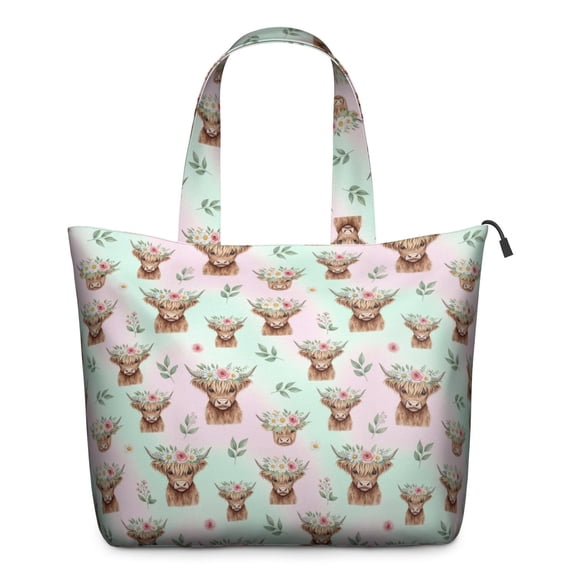 Green Highland Cow Flower Pattern Travel Tote Bags for Women Carry On,Large Weekender Bags for Women Travel,Multi Functional Duffle Bag for Work,Shopping,Sports
